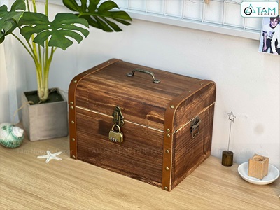 Rương gỗ viền da đinh tán bo nắp [03 Size - Tặng ổ khóa] Cao 14 - 20cm RUONG-GO-05